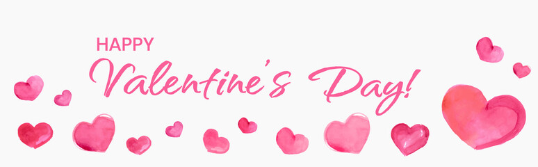 Happy Valentines Day Banner, Beautiful Background with Watercolor Hearts, Lettering and Aquarell