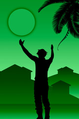 silhouette of a child playing on the beach, visit to a tropical village