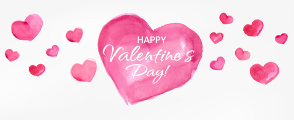 Happy Valentines Day Banner, Beautiful Background with Watercolor Hearts, Lettering and Aquarell
