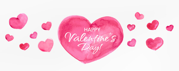 Happy Valentines Day Banner, Beautiful Background with Watercolor Hearts, Lettering and Aquarell