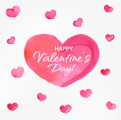Happy Valentines Day Banner, Beautiful Background with Watercolor Hearts, Lettering and Aquarell