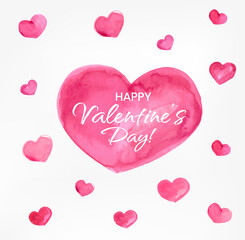 Happy Valentines Day Banner, Beautiful Background with Watercolor Hearts, Lettering and Aquarell