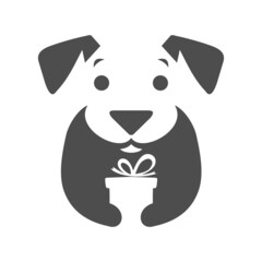 Dog holding a gift negative space logo vector icon illustration