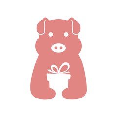 Pig holding a gift negative space logo vector icon illustration