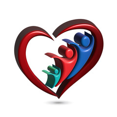 Family people union protection care in a love heart shape happiness symbol 3D logo icon vector image design