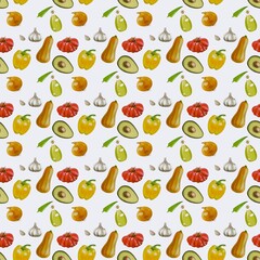 Seamless background with vegetables: squash, avocado, tomato, bell pepper, garlic 