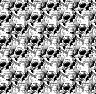 Skull pattern seamless. Hand drawing Skeleton head background. Death texture. Skulls ornament