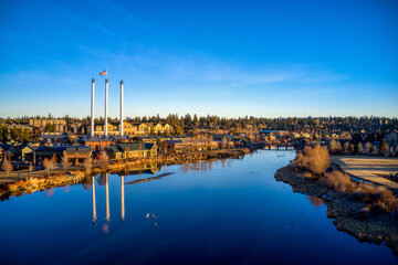 Aerial view of Old Mill District at Dusk on the Deschutes River in Bend, Oregon