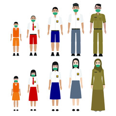 flat vector illustration design of teacher and student in indonesia wearing mask. Can be used for medical and health content