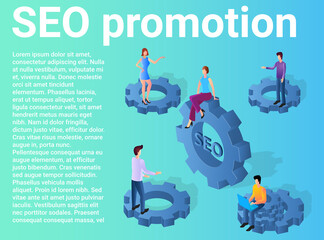 SEO promotion.People next to big gears.The concept of new search technologies..A business-style poster.Flat vector illustration.