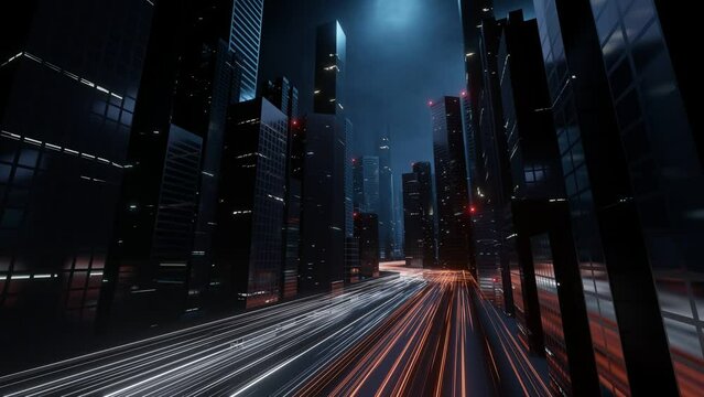 Trail lights from highway and light reflection from buildings in mega city at cloudy night. Seamless loop. Concept of technology background, cyberpunk, fin tech, big data, 5g fast network, AI