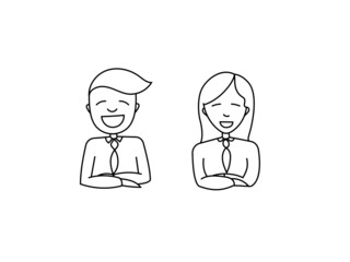 Guy and girl in the office or educational institution. Linear Doodle characters are smiling.