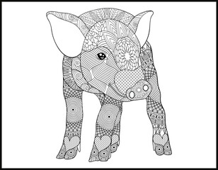 Drawing zentangle pig for coloring book for adult,
Pig mandala coloring page.