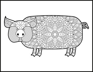 Drawing zentangle pig for coloring book for adult,
Pig mandala coloring page.