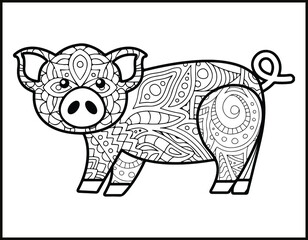 Drawing zentangle pig for coloring book for adult,
Pig mandala coloring page.