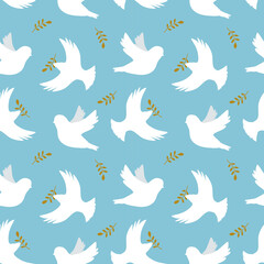 vector seamless pattern in flat style with hand drawn white birds on a blue background. pattern for printing on fabric, clothes, wrapping paper 