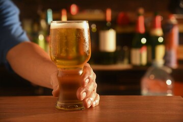 person holding a glass of beer in bar