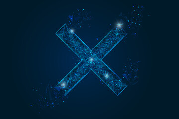 Abstract isolated blue image of a multiply sign. Polygonal illustration looks like stars in the blask night sky in spase or flying glass shards. Digital design for website, web, internet. - obrazy, fototapety, plakaty