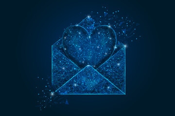 Abstract isolated image of a letter, mail or message with heart. Polygonal illustration looks like stars in the blask night sky in spase or flying glass shards. Digital design for website, web © Katsiaryna