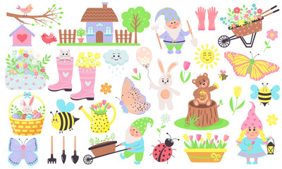 Gardening and spring set of elements such as flowers, gnomes, animals, birds, bees, butterflies and other. Perfect for scrapbooking, greeting card, web, poster, cover, tag, invitation, sticker kit.