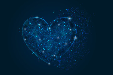 Abstract isolated blue image of a heart. Polygonal illustration looks like stars in the blask night sky in spase or flying glass shards. Digital design for website, web, internet. © Katsiaryna
