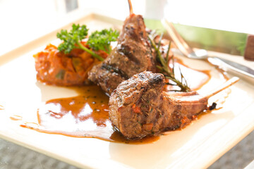 Grilled Race fare medium of New Zealand lamb with Rosemary Sauce International food at hotel