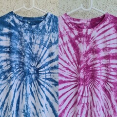 Tie Dye tees of blue and grape spiral