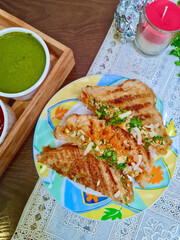 Paneer Sandwich with green chutney and tomato sauce 