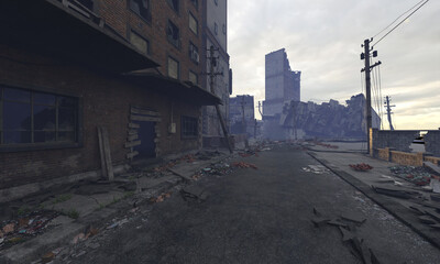 Post apocalyptic cityscape 3d illustration ruined buildings