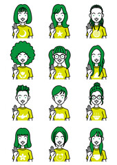 挨拶をするいろいろな髪型の女性