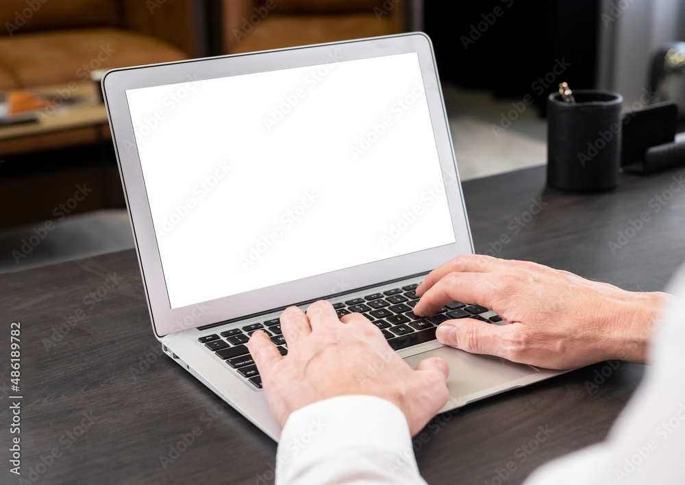 Poster laptop mockup. man hands typing on keyboard. online business education or work with computer concept