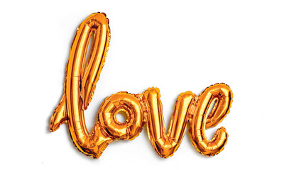 Love the word gold colored holographic balloon. Declaration of love on a light white background. Valentine's Day. The concept of romance. The trend of neon light. Copy space for text.
