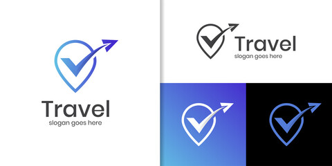 pin map air travel check logo concept. location on map traveler with plane logo vector icon symbol