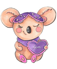 drawing childish funny cartoon style cute animal koala character with plush heart lettering love gift
