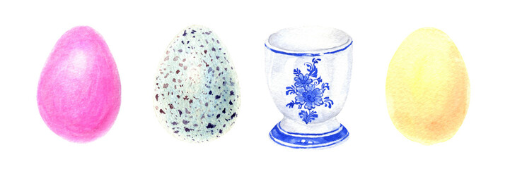 Chicken eggs and egg cup . Symbols of Easter celebration. Watercolor hand drawn painting illustration isolated on a white background