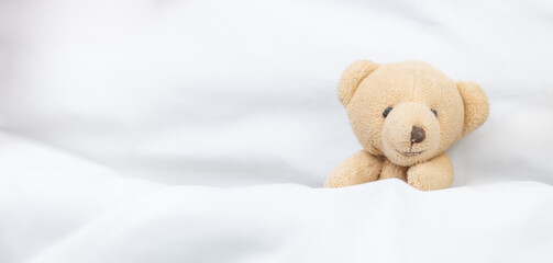 Cute toy bear covered with a warm blanket lying on a bed