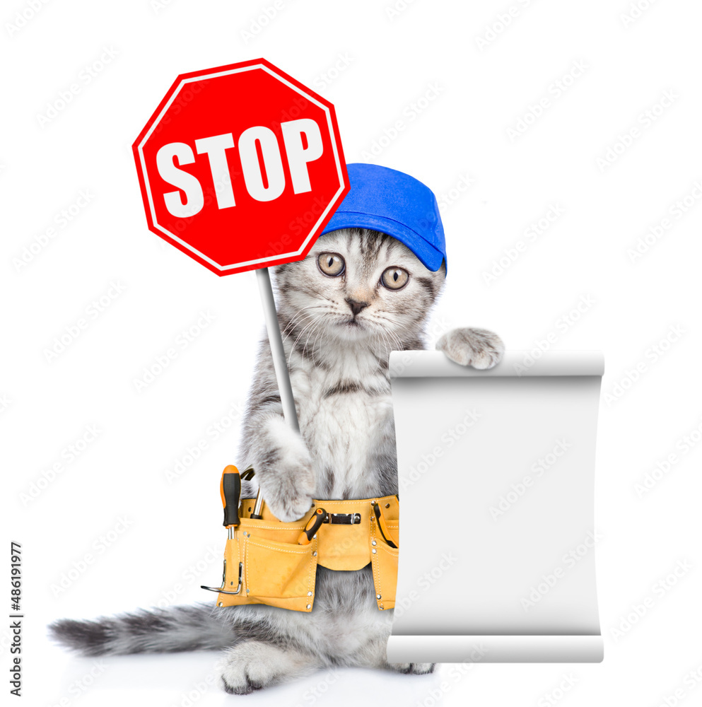 Poster funny kitten wearing red cap and tool belt showing stop sign. isolated on white background
