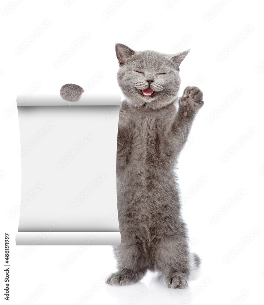 Poster Happy cat shows empty list. isolated on white background