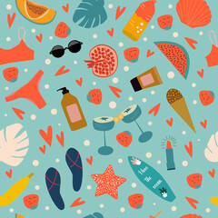 Bright and juicy seamless pattern of different summer elements like fruit, cocktail, ice cream and so on. Vector illustration. 