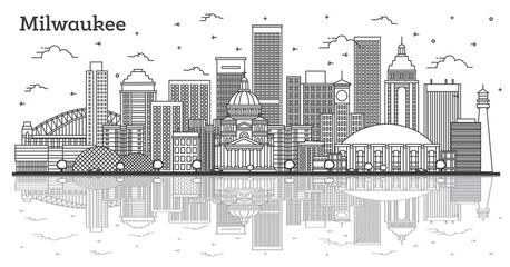 Outline Milwaukee Wisconsin City Skyline with Reflections and Modern Buildings Isolated on White.