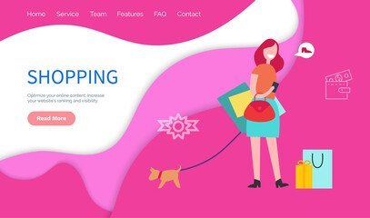 Shopping optimize online content. Increase website s ranking and visibility. Helps companies in the professional content and creatives concept vector. Website or webpage template, landing page flat
