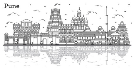 Outline Pune India City Skyline with Reflections and Historic Buildings Isolated on White.