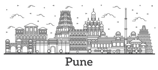 Outline Pune India City Skyline with Historic Buildings Isolated on White.