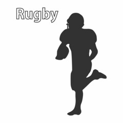 Silhouette icon of rugby football player walking with oval ball. American football player in action, isolated on white background. Rugby athlete with ball in full kit. Vector