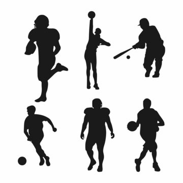 Set of players of different sports. Football player, basketball player, rugby player silhouettes isolated on white background. Vector illustration