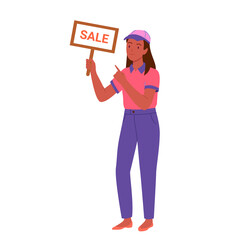 African american seller girl with sale board. Saleswoman holding sign of seasonal shop big deals flat vector illustration