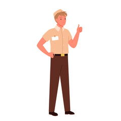 Seller man showing thumb up gesture. Positive reaction for client purchase, shop assistance flat vector illustration