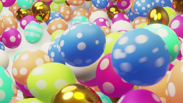 Dot painted coloured and golden Easter eggs drop on white background. 4K animation.