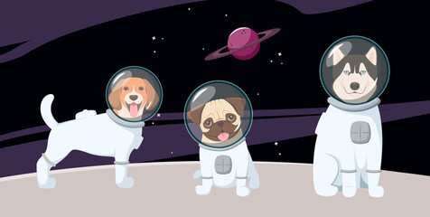 Funny dogs in spacesuits in space. Cartoon design.  © Юлия Викленко