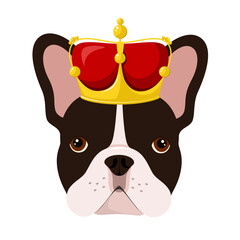 The head of a French bulldog with a golden crown on a white background. Cartoon design.
